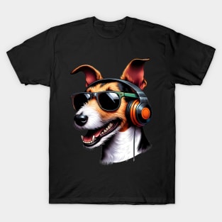 Smooth Fox Terrier Smiling DJ with Headphones and Sunglasses T-Shirt